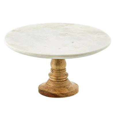 White Marble Cake Plate W/Mango Wood Stand - White / Brown