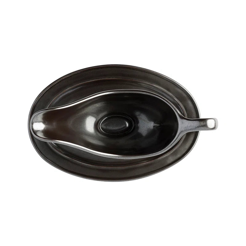 Pewter Stoneware Sauce Boat and Stand