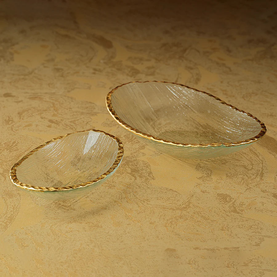 Clear Textured Bowl with Jagged Gold Rim Large