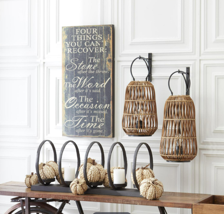 Medium Rattan Hanging LED Lanterns w/ Black Metal Brackets