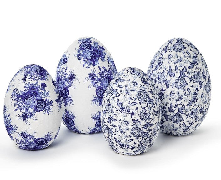 Set of 4 Blue and White Hand-Crafted Paper Mache Eggs