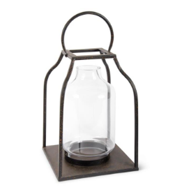 Speckled Bronze Metal Trapezoid Lantern w/ Glass Hurricane 18 Inch