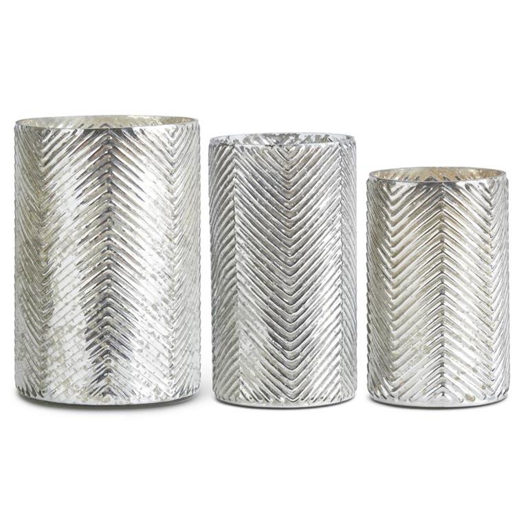 8 Inch Herringbone Embossed Silver Mercury Glass Vase