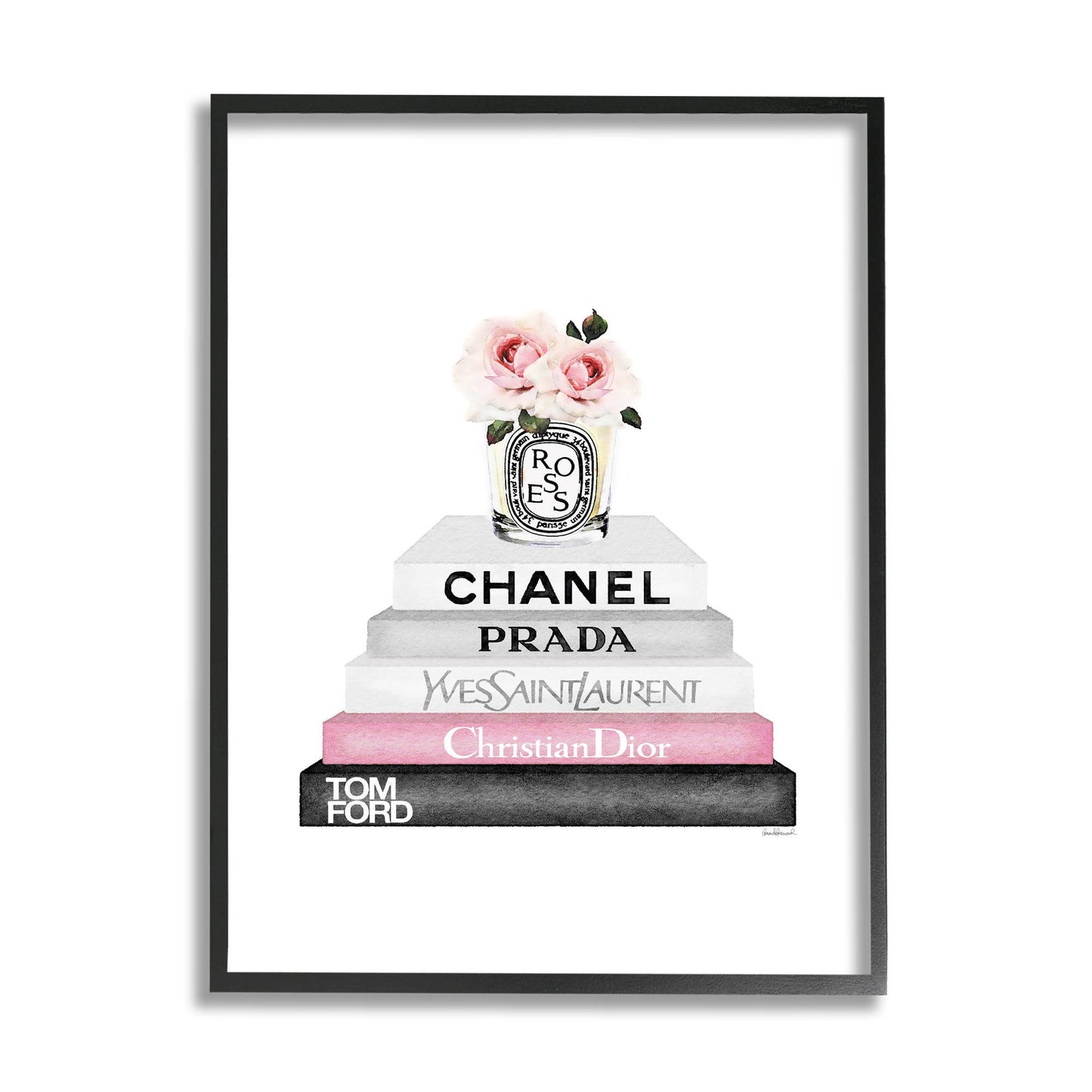 Pink Flower Black Bookstack Glam Fashion Design Framed