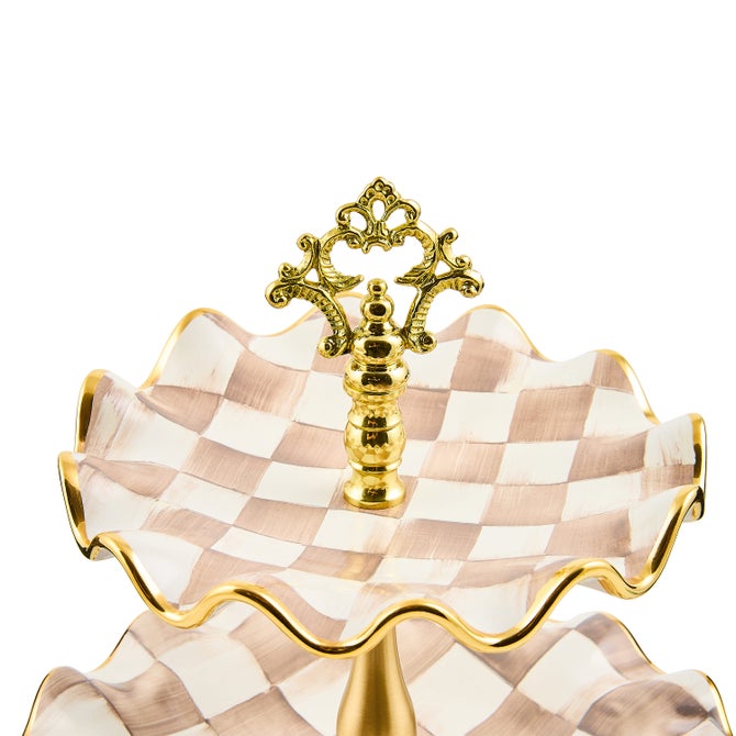 Mocha Check Ceramic Three Tier Sweet Stand