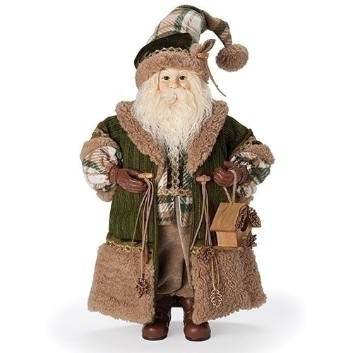 Olive Plaid Robed Santa Figure Holding Bird House