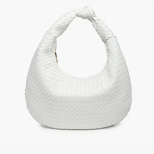 White Valentina Woven Hobo w/ Knotted Handle