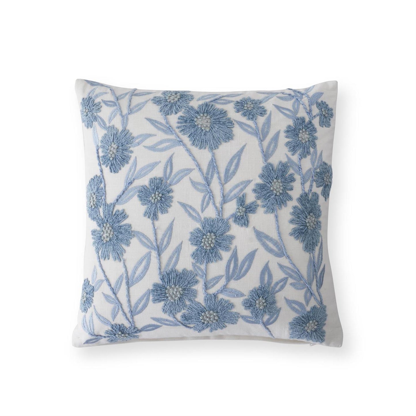 Square White Linen & Blue Embroidered Floral Pillow