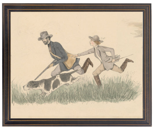 Framed Vintage Watercolor Man, Woman, and Dog
