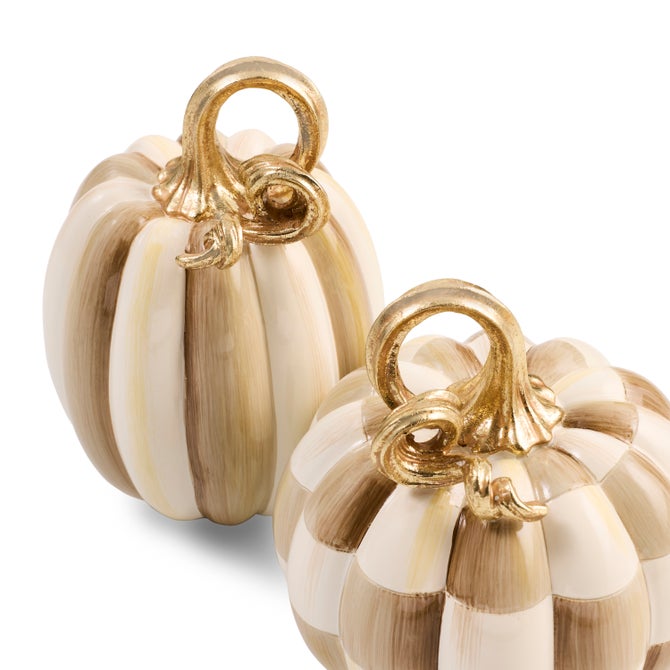 Mocha Check and Stripe Petite Pumpkins, Set of 2
