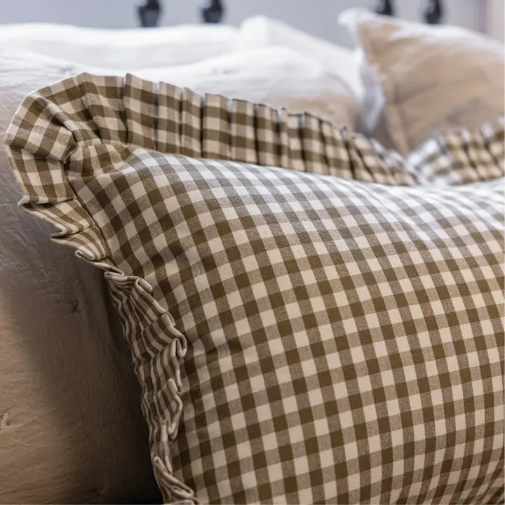Ruffle Lumbar Olive Gingham Pilow