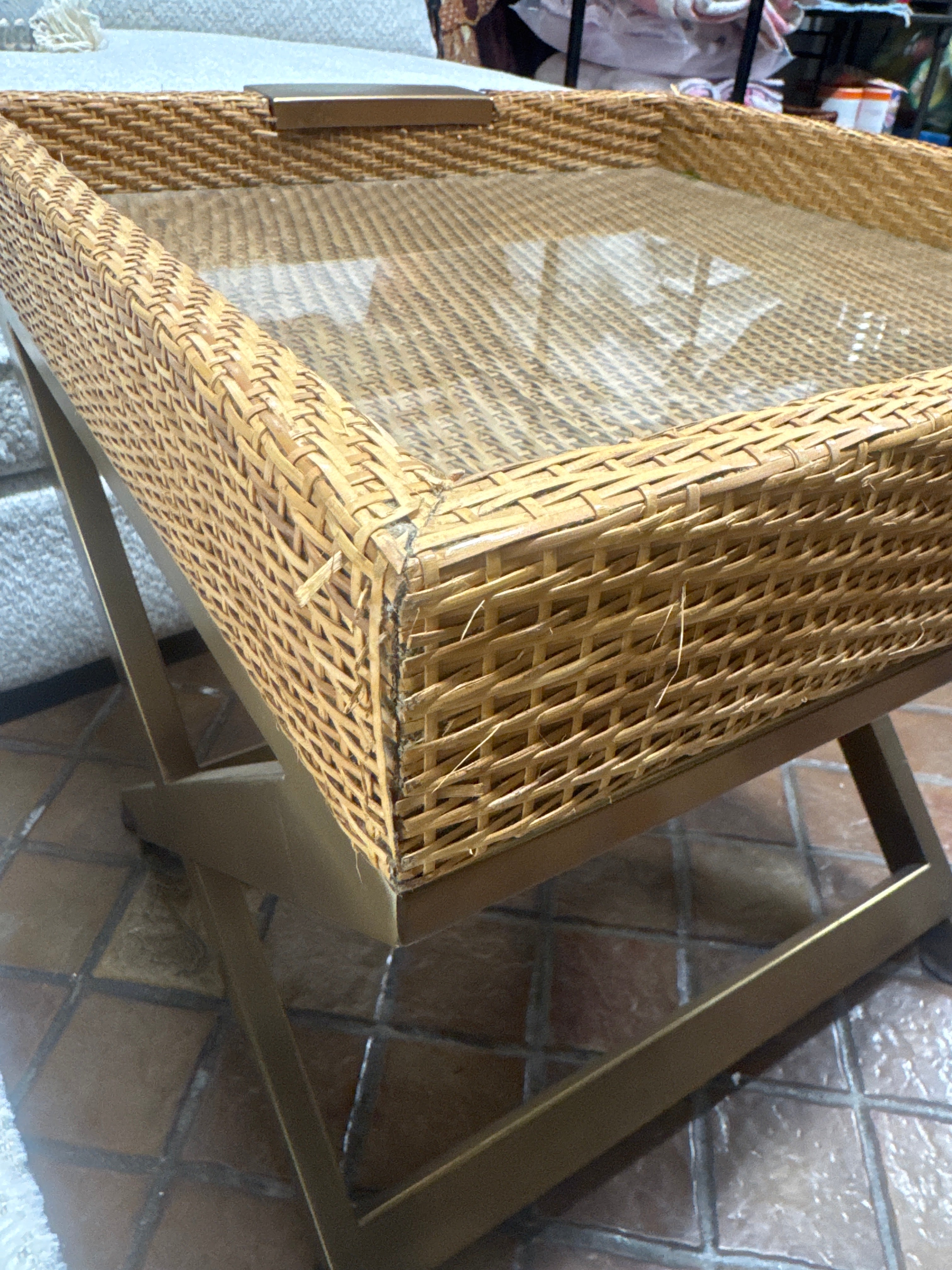 Rattan Wrapped Tray Side Table w/Brass Metal Scissor Legs 21.25 Inch
