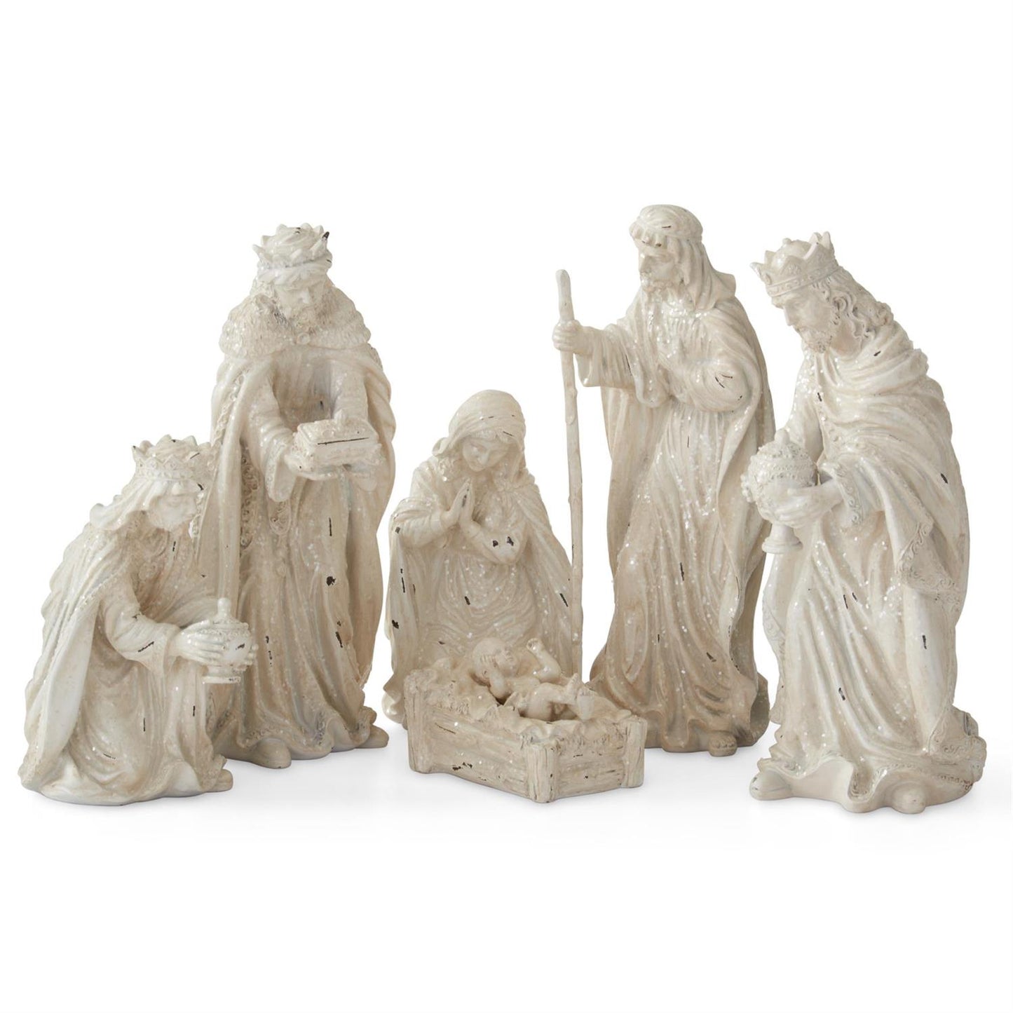 Set of 6 White Glittered Nativity