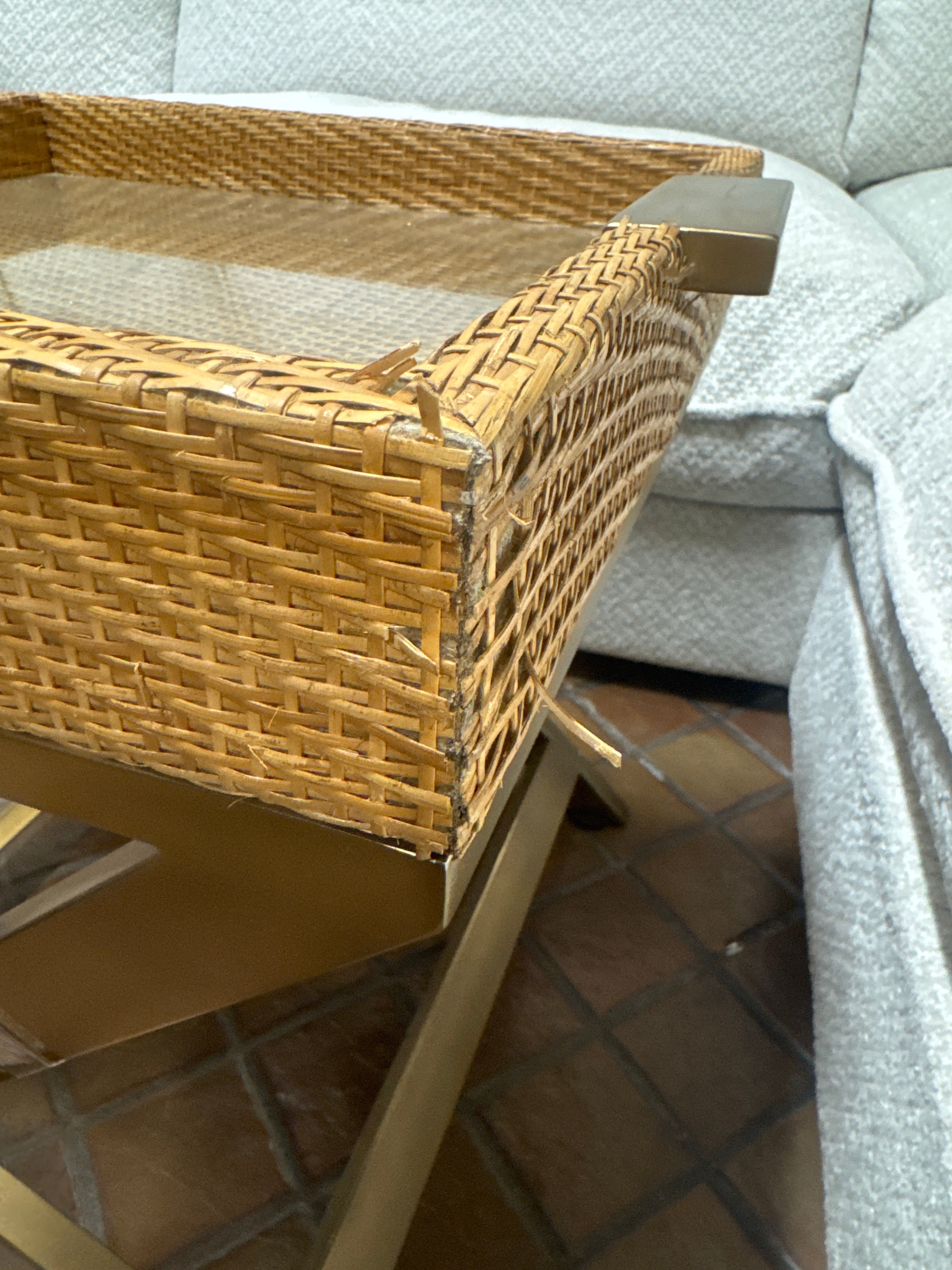 Rattan Wrapped Tray Side Table w/Brass Metal Scissor Legs 21.25 Inch