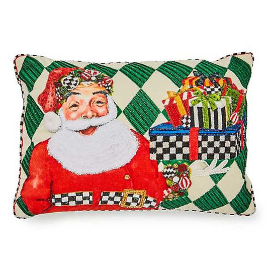 Jolly Holiday Santa with Packages Beaded Lumbar Pillow