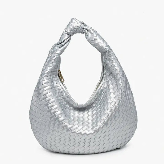 Silver Valentina Woven Hobo w/ Knotted Handle