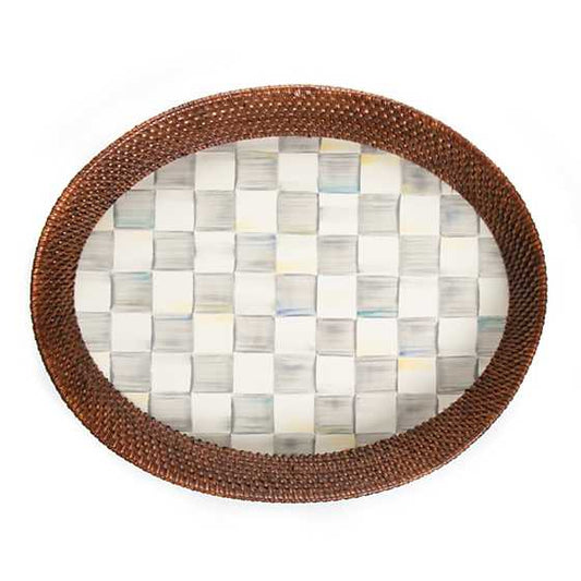 Sterling Check Rattan & Enamel Large Serving Tray