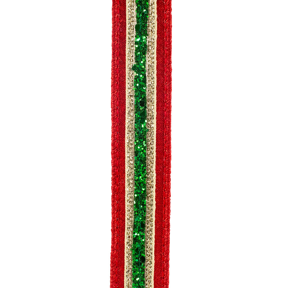 Red/Green Glitter Stripe Wired Ribbon 1in