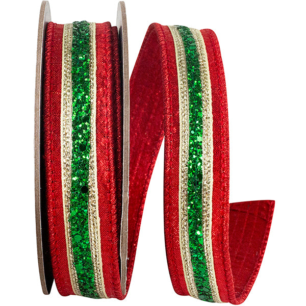 Red/Green Glitter Stripe Wired Ribbon 1in