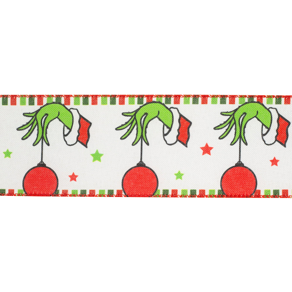 Green Hand w/ Ornaments Wired Ribbon 2.5in