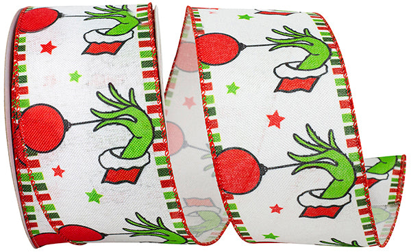 Green Hand w/ Ornaments Wired Ribbon 2.5in