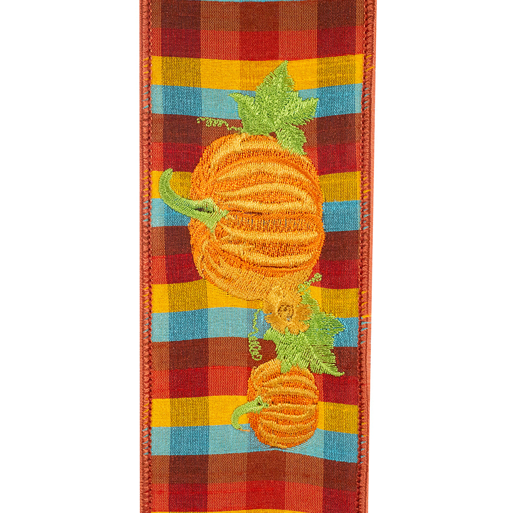 Pumpkin Embroidery Plaid Ribbon 2.5in