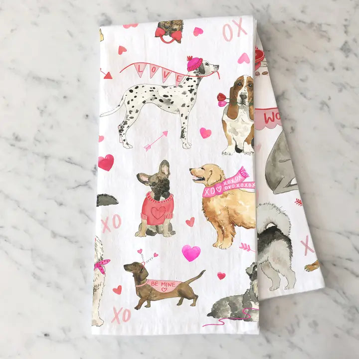 Cozy Valentine Dogs Kitchen Towel - Valentine's Tea Towel