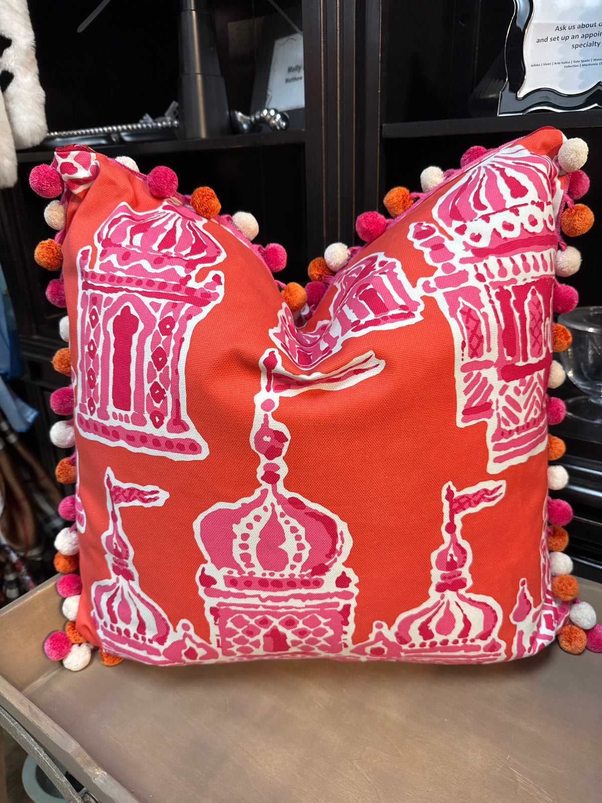 Pink & Orange Temple w/ Poms Pillow