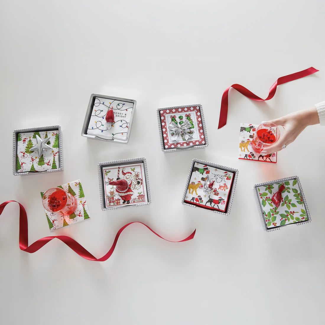 Christmas Topiary Bow Beaded Napkin Box Set