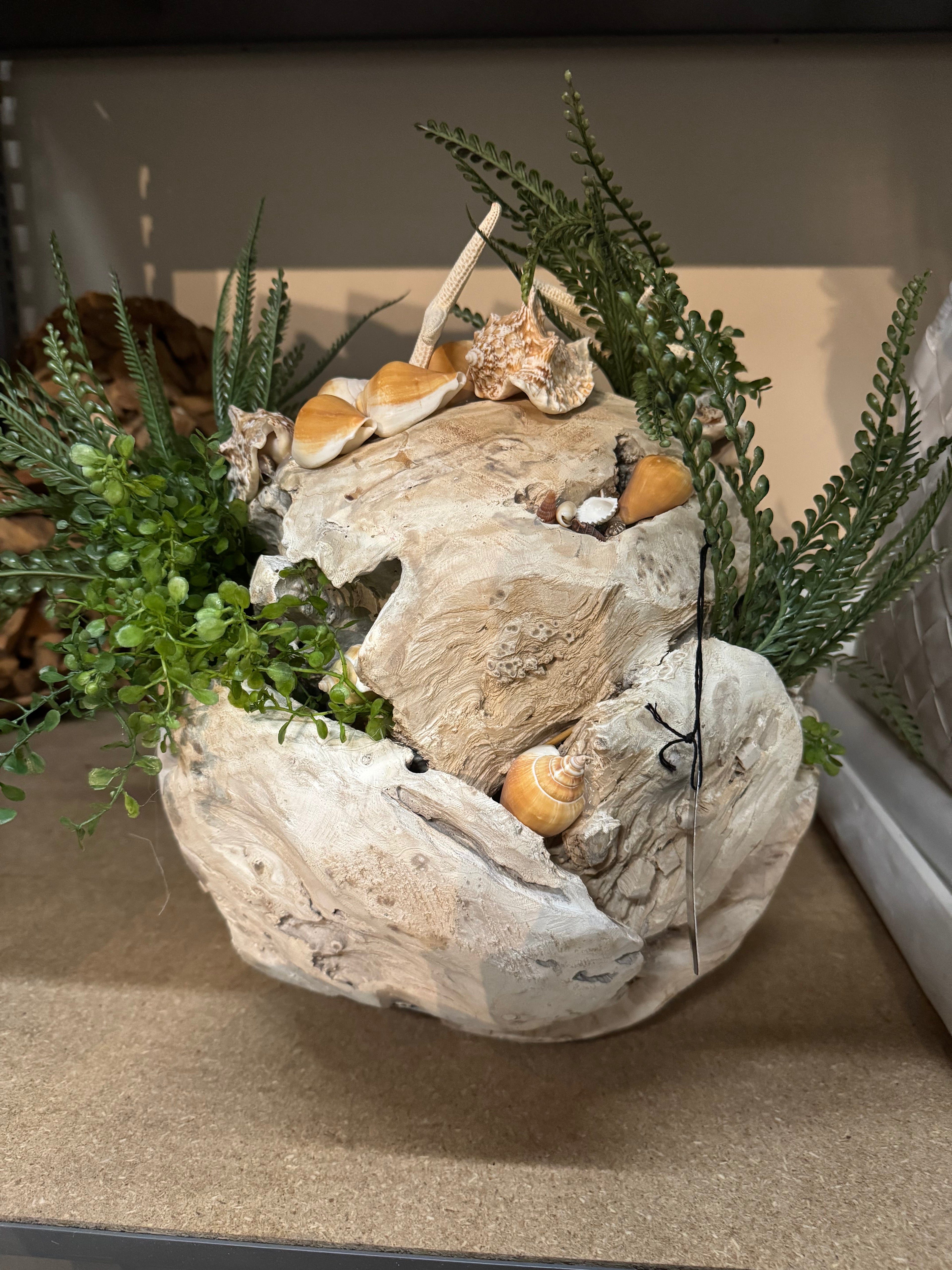 Wood Decorative Orb w/ Greenery & Seashells