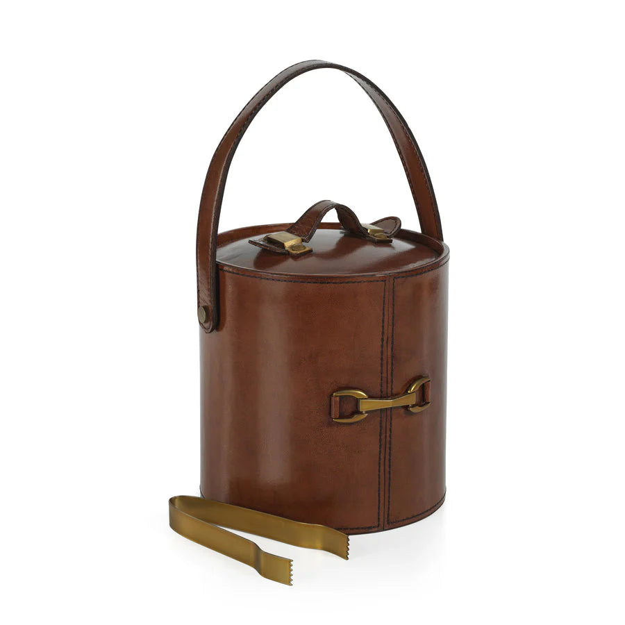 The Connaught Leather Ice Bucket with Gold Metal Ice Tong