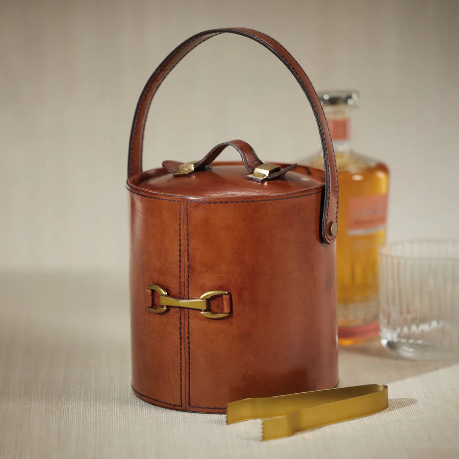 The Connaught Leather Ice Bucket with Gold Metal Ice Tong