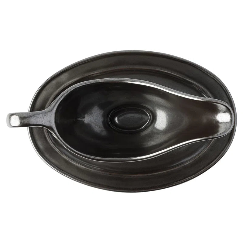 Pewter Stoneware Sauce Boat and Stand