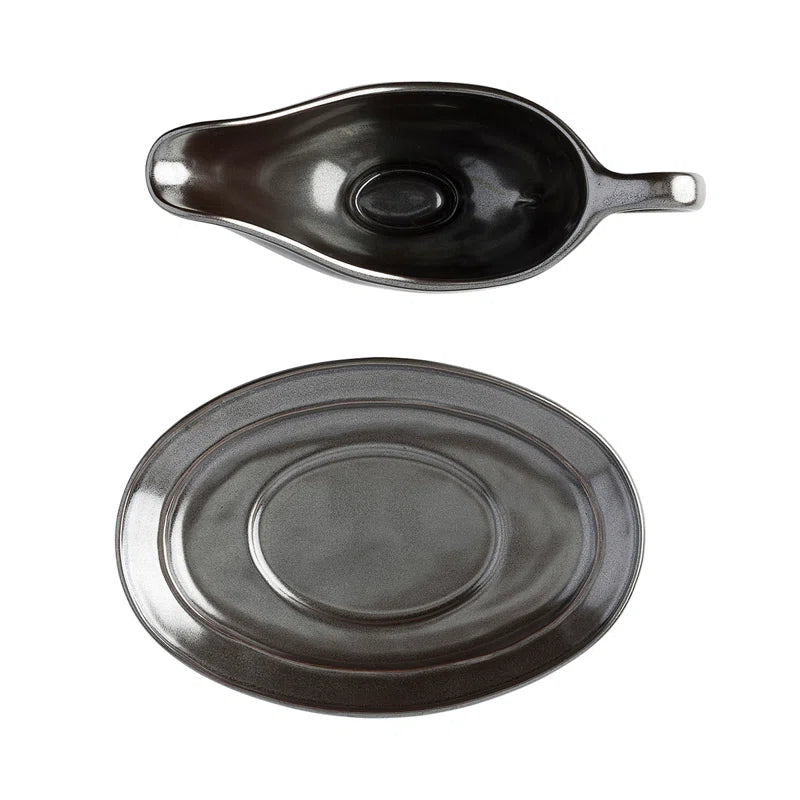 Pewter Stoneware Sauce Boat and Stand