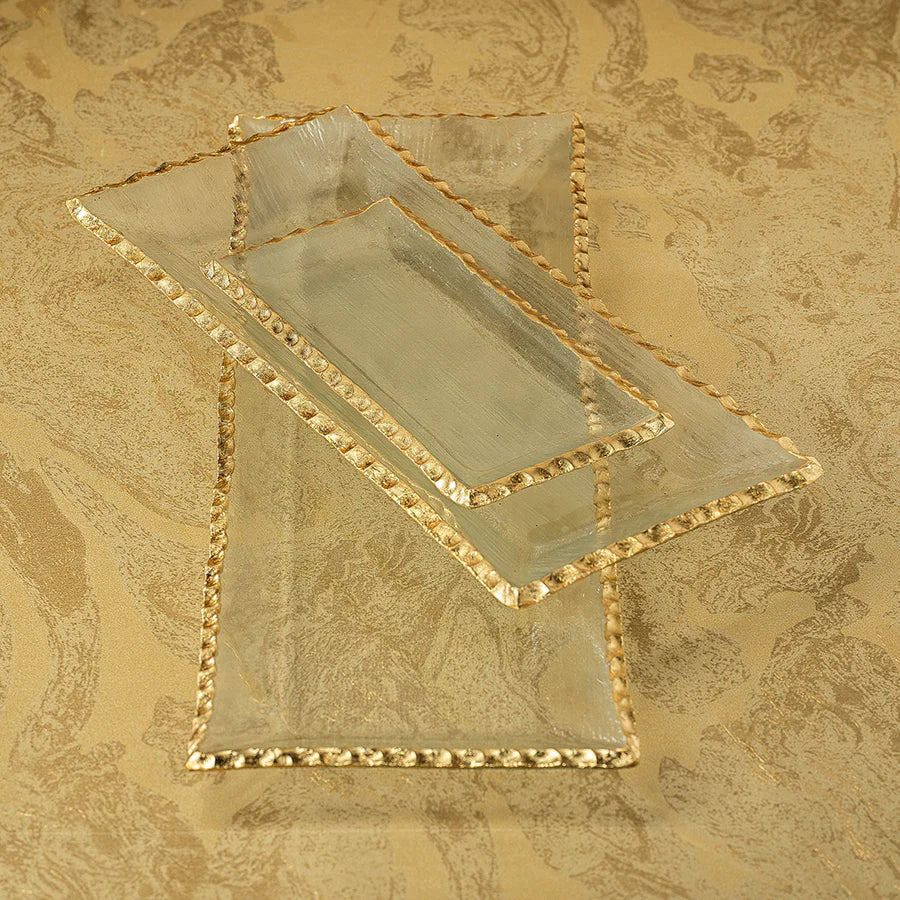 Clear Textured Rectangular Tray with Jagged Gold Rim, Small