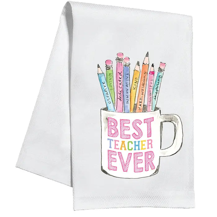 Best Teacher Apple with Crayons and Pencils Kitchen Towel