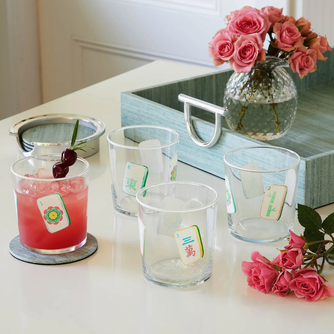 Mahjong Tiles Suite of 4 Double Old Fashioned Glasses