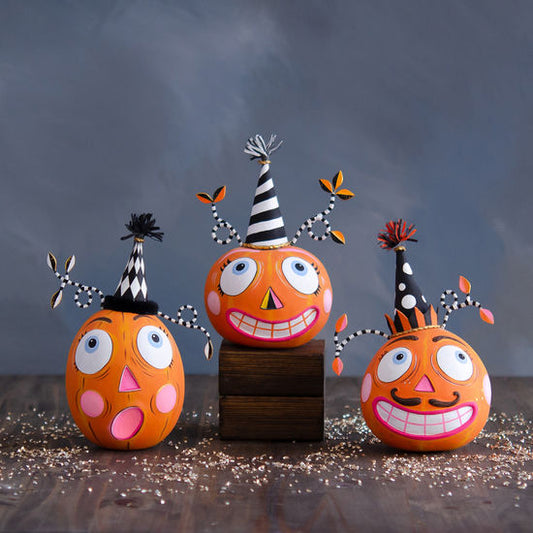 Party, Surprise or Mustachio Pumpkin Tabletop, 3 Asst, Resin, 6.75"-7"