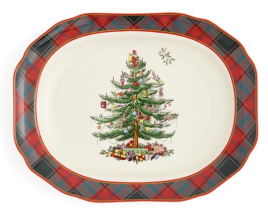 Christmas Tree Tartan Rectangular Platter 14"