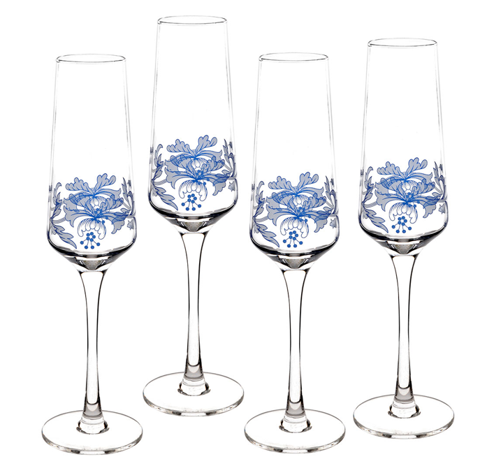 Spode Blue Italian, Set of 4 Champagne Flutes