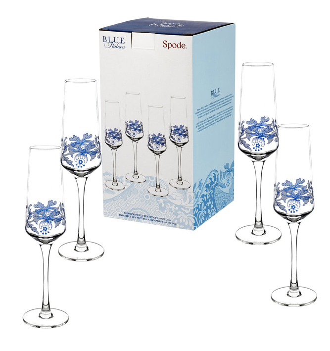 Spode Blue Italian, Set of 4 Champagne Flutes