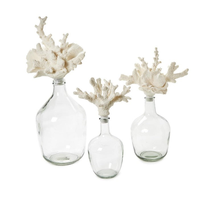 Set of 3 Glass Bottle Jars with Coral Stopper Includes 3 Sizes