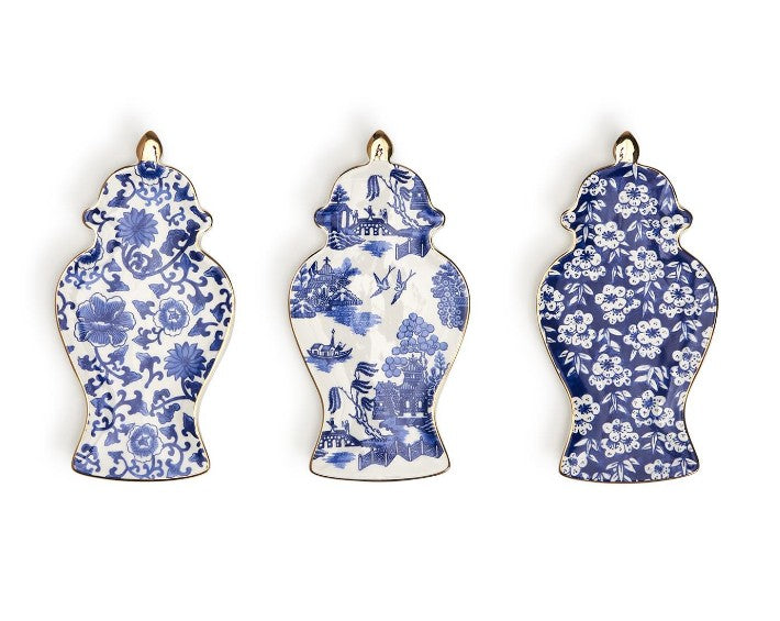 Blue and White Ginger Jar Trinket Tray with Gold Accent
