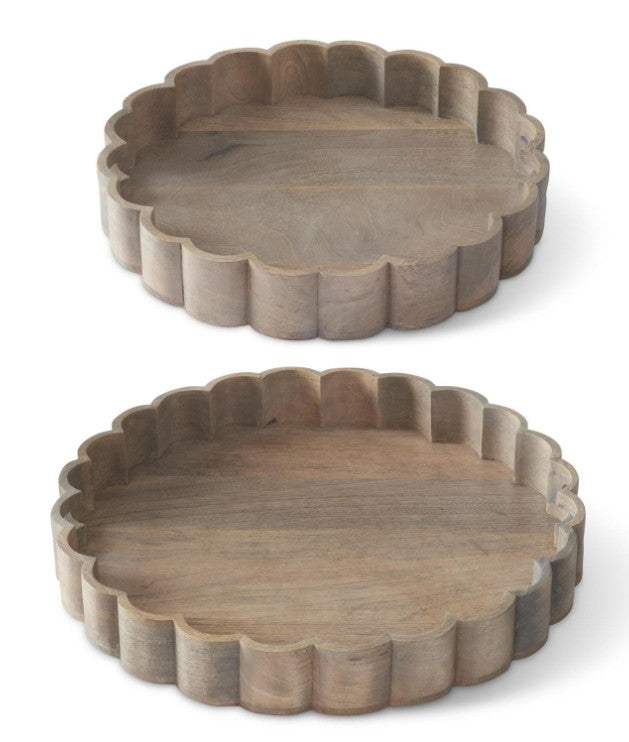 Whitewashed Round Wood Scalloped Edge Tray Large