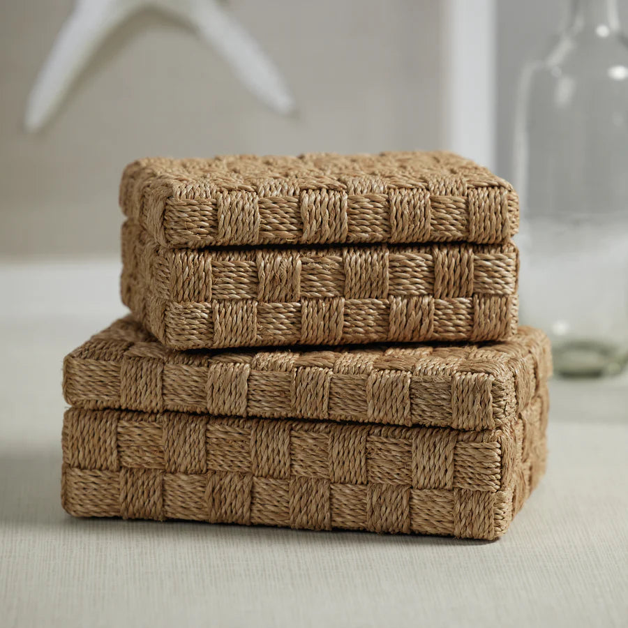 Natural Abaca Rope Hinged Box with Suede Interior - Small