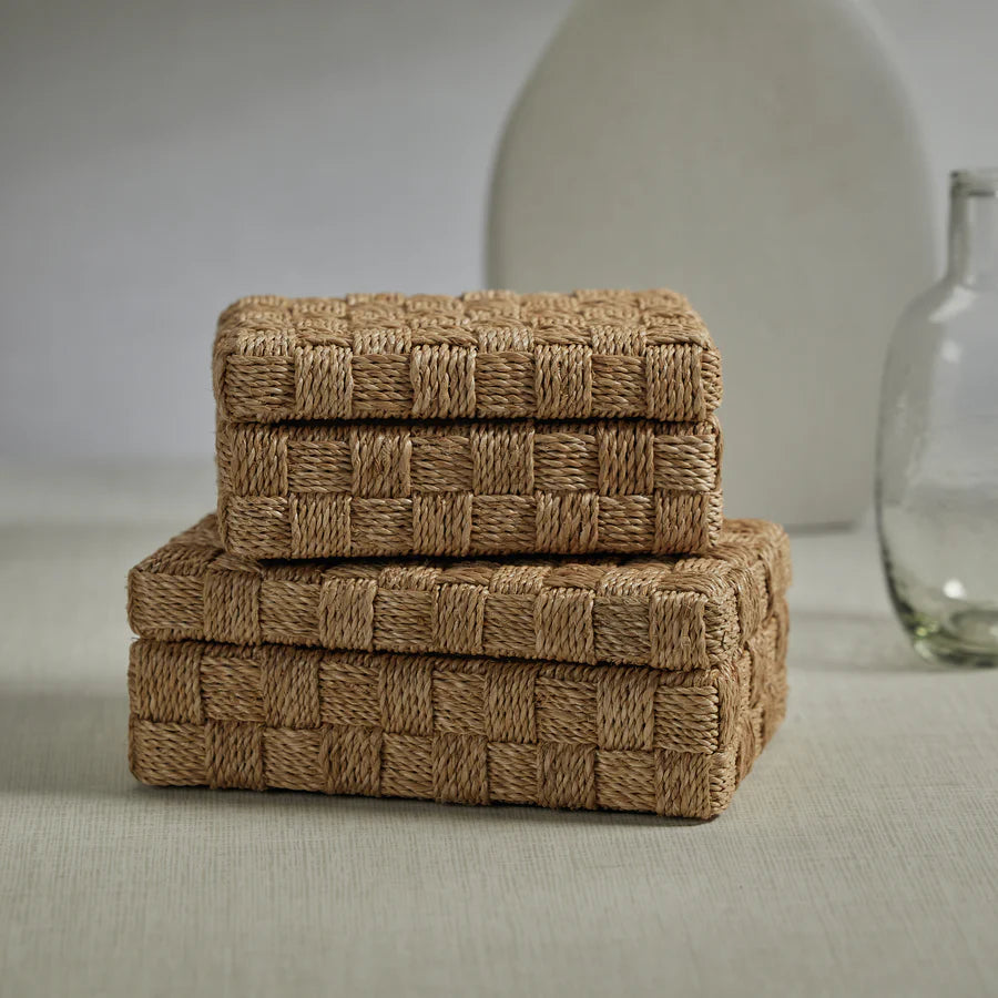 Natural Abaca Rope Hinged Box with Suede Interior - Large