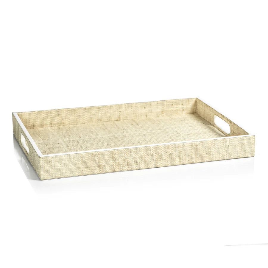 Atelier Natural Fiber Raffia Serving Tray with Leather Trim - Large