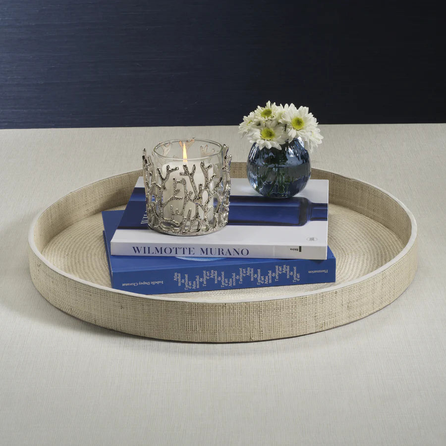 Atelier Natural Fiber Raffia Round Serving Tray with Leather Trim