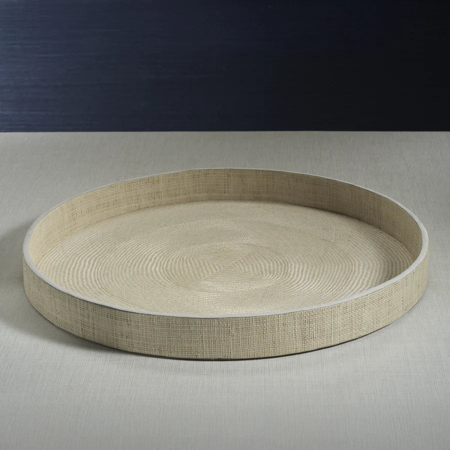 Atelier Natural Fiber Raffia Round Serving Tray with Leather Trim