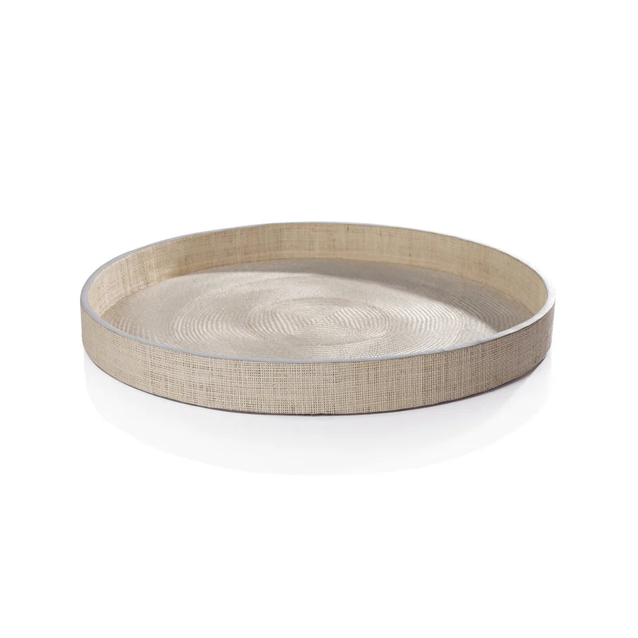 Atelier Natural Fiber Raffia Round Serving Tray with Leather Trim